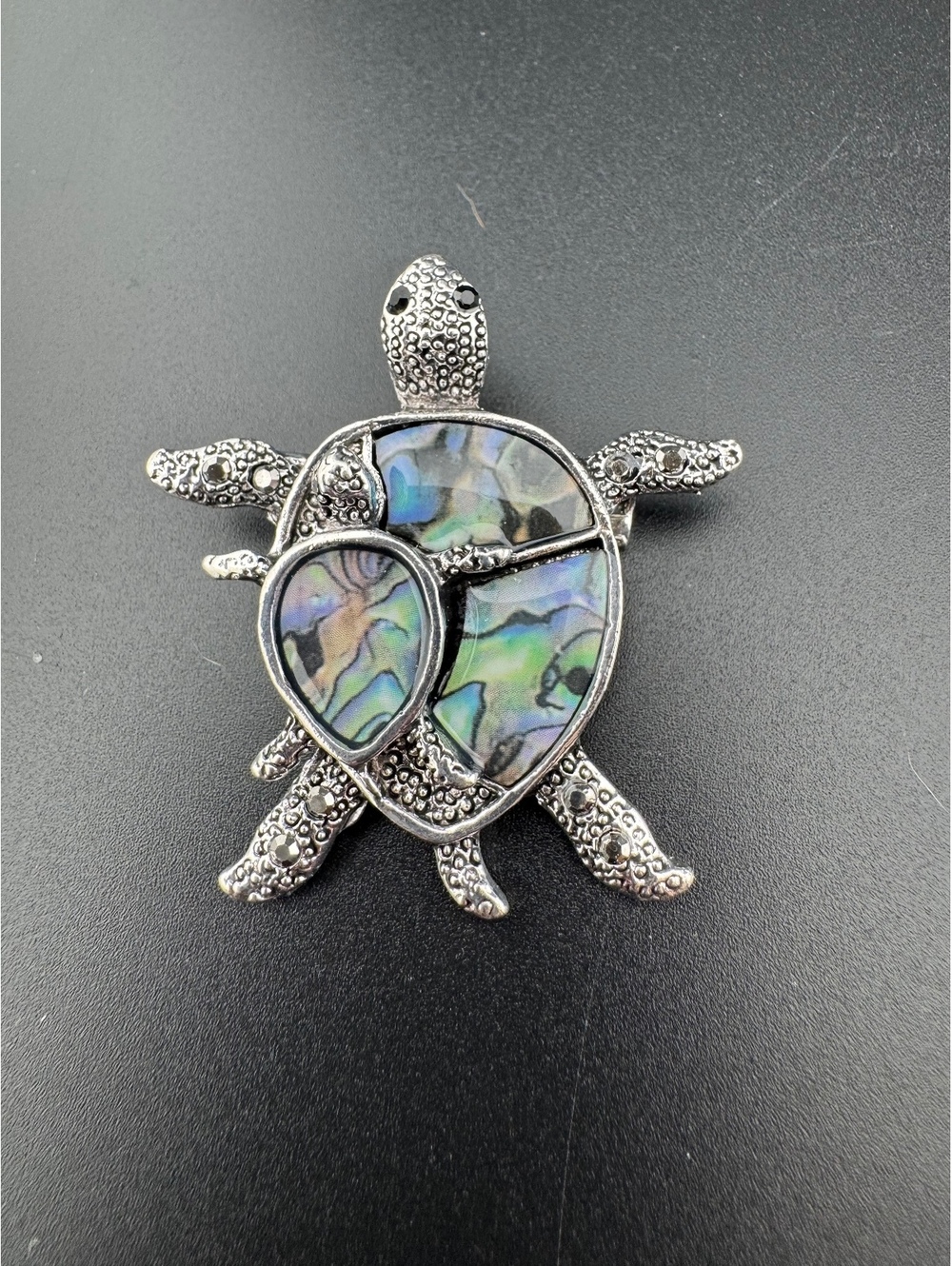 Turtle Shaped Abalone Shell and Silver Tone Brooch Pin